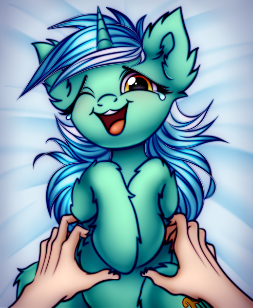 Size: 1888x2300 | Tagged: safe, artist:mite-lime, derpibooru import, lyra heartstrings, human, pony, unicorn, belly fluff, crying, cute, disembodied hand, ear fluff, female, hand, hooves to the chest, laughing, leg fluff, lyrabetes, mare, offscreen character, offscreen human, on back, one eye closed, open mouth, tears of laughter, tickling