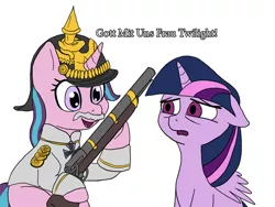 Size: 900x675 | Tagged: safe, artist:slamjam, derpibooru import, starlight glimmer, twilight sparkle, twilight sparkle (alicorn), alicorn, pony, unicorn, clothes, female, gun, helmet, historical roleplay starlight, iron cross, mare, prussia, rifle, text, weapon