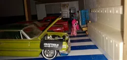 Size: 3264x1546 | Tagged: safe, derpibooru import, pinkie pie, rainbow dash, earth pony, pegasus, blind bag, car, chevrolet impala, door, everfree customs, garage, pontiac gto, shelf, toolbox, toy, volkswagen beetle, window, workbench