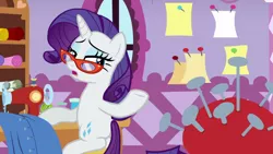 Size: 1920x1080 | Tagged: derpibooru import, dragon dropped, glasses, pincushion, rarity, rarity's glasses, safe, screencap, sewing machine, solo