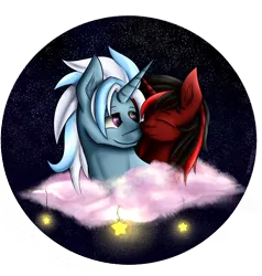 Size: 2390x2509 | Tagged: safe, artist:hilis, derpibooru import, oc, oc:anzu, oc:ice storm, unicorn, cloud, duo, female, male, oc x oc, red and black oc, shipping, stars, straight