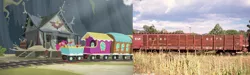 Size: 3588x1080 | Tagged: artist:conrail15, comparison, derpibooru import, edit, edited screencap, friendship express, real world, safe, screencap, the lost treasure of griffonstone, train car, train station