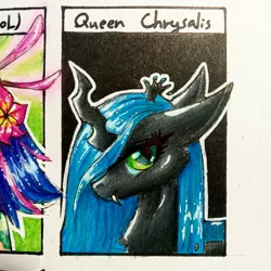 Size: 1080x1080 | Tagged: alternate version, artist:crystal.moon_art, bust, changeling, changeling queen, cropped, derpibooru import, eyelashes, fangs, female, offscreen character, queen chrysalis, safe, six fanarts, traditional art