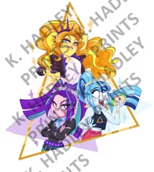 Size: 837x929 | Tagged: safe, artist:katrina hadley, derpibooru import, adagio dazzle, aria blaze, sonata dusk, equestria girls, arm behind head, bedroom eyes, clothes, crossed arms, female, food, obtrusive watermark, smiling, taco, the dazzlings, watermark