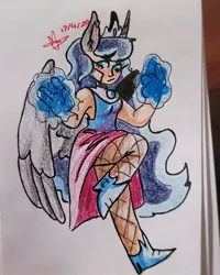 Size: 1080x1350 | Tagged: alicorn humanization, artist:star-crossed-art, boots, clothes, derpibooru import, eared humanization, female, fishnets, glowing hands, horn, horned humanization, human, humanized, irl, jewelry, photo, princess luna, safe, shoes, signature, solo, tiara, traditional art, winged humanization, wings