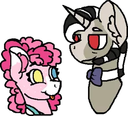 Size: 349x317 | Tagged: safe, artist:klawiee, derpibooru import, discord, pinkie pie, earth pony, pony, unicorn, alternate design, bowtie, discopie, ear fluff, female, freckles, heterochromia, looking at each other, male, mare, muttonchops, no pupils, pony discord, shipping, stallion, straight, tongue out