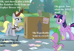 Size: 1008x693 | Tagged: alicorn, cropped, cute, derpabetes, derpibooru import, derpy hooves, dialogue, dragon, edit, edited screencap, hat, implied rainbow dash, implied zephyr breeze, mail, mailmare hat, mailpony uniform, package, safe, screencap, spike, the point of no return, twilight sparkle, twilight sparkle (alicorn), uh oh, winged spike