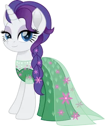 Size: 1336x1600 | Tagged: safe, artist:cloudyglow, derpibooru import, rarity, pony, unicorn, braid, clothes, crossover, disney, dress, elsa, eyeshadow, female, flower, frozen (movie), frozen fever, looking at you, makeup, mare, movie accurate, queen elsarity, simple background, solo, transparent background