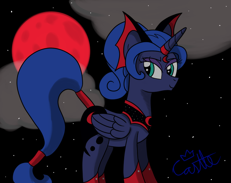 Size: 1200x950 | Tagged: alicorn, artist:mtfc1029, blood moon, cloud, derpibooru import, evil luna, idw, moon, night, princess luna, safe, solo, spoiler:comic, stars