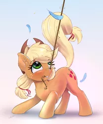 Size: 2124x2553 | Tagged: safe, artist:xbi, derpibooru import, applejack, earth pony, pony, 30 minute art challenge finished after, captured, cider, cider dash, cider theft, cute, eye reflection, feather, female, gradient background, implied rainbow dash, jackabetes, lasso, looking up, mare, mouth hold, offscreen character, reflection, rope, solo