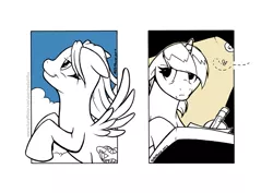 Size: 727x516 | Tagged: safe, artist:redadillio, derpibooru import, snapshot, oc, oc:jette lag, oc:rough draft, unofficial characters only, pegasus, pony, unicorn, cloud, digital art, drawing, flying, horn, monochrome, pencil, sky, wings