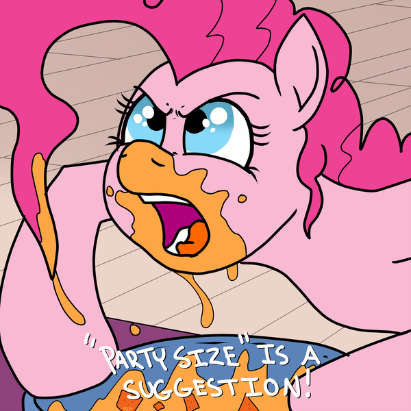 Size: 1500x1500 | Tagged: safe, artist:pony quarantine, derpibooru import, pinkie pie, earth pony, bowl, cheese, chip, chips, dialogue, food, messy, nachos, open mouth, redraw, solo, table, text