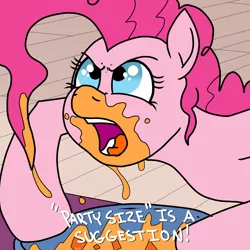 Size: 1500x1500 | Tagged: safe, artist:pony quarantine, derpibooru import, pinkie pie, earth pony, bowl, cheese, chip, chips, dialogue, food, messy, nachos, open mouth, redraw, solo, table, text