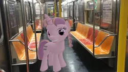 Size: 2720x1532 | Tagged: safe, artist:topsangtheman, derpibooru import, bacon braids, pony, unicorn, 3d, irl, looking at you, new york city, new york city subway, photo, ponies in real life, source filmmaker