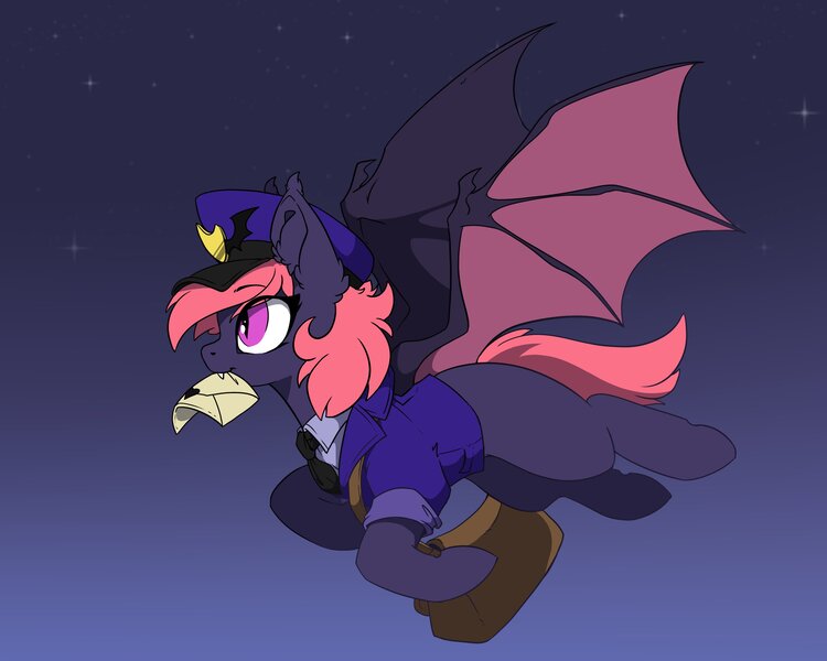 Size: 3100x2480 | Tagged: safe, artist:arctic-fox, derpibooru import, oc, unofficial characters only, bat pony, pony, bat pony oc, bat wings, mail, mailmare, missing cutie mark, mouth hold, solo, stars, wings