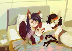 Size: 2000x1413 | Tagged: safe, artist:dearmary, derpibooru import, oc, unofficial characters only, hippogriff, pegasus, pony, baby, beard, bed, crying, cute, facial hair, family, father, father and child, father and son, female, foal, glasses, happy, hippogriff oc, hospital bed, male, mother, mother and child, mother and son, retro glasses, round glasses, semi-realistic, sweet dreams fuel, tears of joy