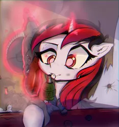 Size: 1300x1392 | Tagged: safe, artist:mistleinn, derpibooru import, oc, oc:blackjack, unofficial characters only, pony, unicorn, fallout equestria, fallout equestria: project horizons, clothes, cute, fanfic art, female, grenade, gun, horn, red eyes, shotgun, small horn, smoke, solo, weapon