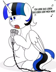 Size: 2700x3500 | Tagged: safe, artist:schwarzesskreuz, derpibooru import, oc, oc:jett linndemann, unofficial characters only, alicorn, pony, alicorn oc, german, horn, microphone, simple background, singing, solo, white background, wings