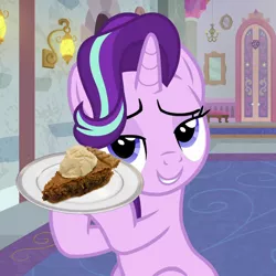 Size: 860x860 | Tagged: safe, artist:burgeroise, derpibooru import, edit, edited screencap, screencap, starlight glimmer, pony, unicorn, a horse shoe-in, cropped, food, lidded eyes, photo, pie, plate