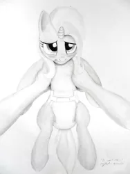 Size: 960x1280 | Tagged: suggestive, artist:millenniumf, derpibooru import, trixie, human, pony, unicorn, adorable face, adult foal, blushing, cute, diabetes, diaper, diaper fetish, fetish, first person view, holding a pony, monochrome, offscreen character, pov