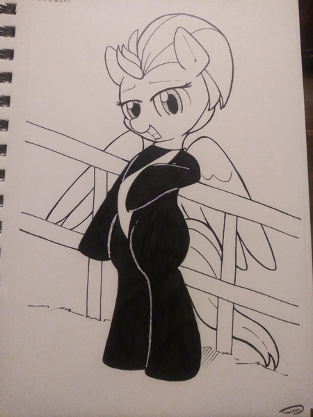 Size: 3120x4160 | Tagged: safe, artist:taurson, derpibooru import, lightning dust, pony, bipedal, clothes, inktober, monochrome, solo, traditional art, uniform, washouts uniform