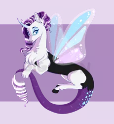 Size: 2500x2700 | Tagged: artist:gigason, curved horn, derpibooru import, draconequus, draconequus oc, female, glimmer wings, horn, hybrid, interspecies offspring, neck fluff, oc, offspring, parent:discord, parent:rarity, parents:raricord, purple background, safe, simple background, solo, unofficial characters only, wings
