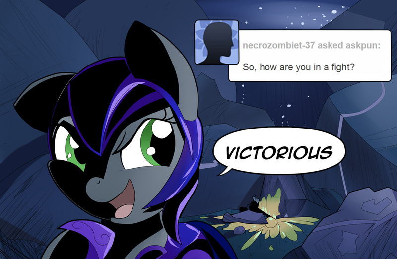 Size: 1225x800 | Tagged: semi-grimdark, artist:wadusher0, derpibooru import, oc, oc:pun, earth pony, pony, ask pun, agent 707, armor, ask, changeling blood, female, looking back, mare, night guard armor, solo, tumblr