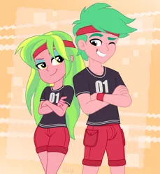 Size: 2873x3142 | Tagged: safe, artist:felux, derpibooru import, lemon zack, lemon zest, equestria girls, equestria girls series, 2020, 2020s, alternate clothes, armband, background human, blue eyes, breasts, brother and sister, cargo shorts, clothes, confident, crossed arms, denim shorts, female, happy, headband, headcanon, implied siblings, lidded eyes, male, one eye closed, orange background, pose, raised eyebrow, sexy, shirt, shorts, show accurate, siblings, simple background, smiling, smirk, smug, sultry pose, sweatband, t-shirt, thighs, wink, wristband, yellow eyes