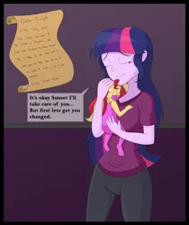 Size: 4500x5347 | Tagged: suggestive, artist:diaperednight, derpibooru import, sci-twi, sunset shimmer, twilight sparkle, comic:sunset's 12 labours, equestria girls, absurd resolution, age regression, baby, breasts, clothes, diaper, diaper fetish, eyebrows, eyelashes, female, fetish, holding, indoors, letter, onesie, pacifier, pants, poofy diaper, scroll, shirt, smiling, speech bubble, standing, story included, t-shirt, talking, text, wall, wall of text