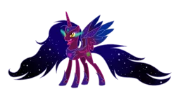 Size: 1280x700 | Tagged: safe, artist:lumi-infinite64, derpibooru import, oc, unofficial characters only, alicorn, pony, colored wings, ethereal mane, evil, evil form, flowy mane, gradient mane, gradient wings, jewelry, oc villain, regalia, simple background, solo, transparent background, wings