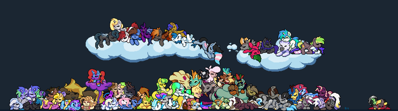 Size: 1830x512 | Tagged: safe, artist:bitassembly, derpibooru import, arizona cow, oleander (tfh), paprika paca, pom lamb, tianhuo, velvet reindeer, oc, oc:almond evergrow, oc:amber streak, oc:anonfilly, oc:astera radiance, oc:autumn birch, oc:bit assembly, oc:bizarre song, oc:bright star, oc:chain lightning, oc:clear skies, oc:coaxoch, oc:creamsicle delight, oc:creative flow, oc:crescent star, oc:crushingvictory, oc:deadie, oc:dreamy daze, oc:enpy circie, oc:fallen feather, oc:fruity extra, oc:fume hood, oc:funny fuse, oc:gene, oc:glimmer shield, oc:gumdrop, oc:lemon drop, oc:lightflare, oc:lucky lightshow, oc:lynxie, oc:melon specter, oc:midnight symphony, oc:moonlight symphony, oc:nutty special, oc:pegasusgamer, oc:porona, oc:pyrite, oc:raeonn, oc:rhythm fruit, oc:sacred light, oc:shining aurora, oc:simon, oc:sky blaze, oc:spectral prism, oc:spirikon, oc:splash, oc:spud red, oc:spud white, oc:starskipper, oc:sugar morning, oc:sweet shot, oc:swift dawn, oc:tourbillion gear, oc:twinkletail, oc:untitled work, oc:whirly windmills, oc:xodious, alicorn, alpaca, bat pony, cow, deer, dragon, earth pony, genie, hippogriff, kirin, lamia, original species, pegasus, pony, unicorn, them's fightin' herds, cloud, commission, community related, cuddle puddle, cuddling, cute, female, filly, pixel art, pony pile, simple background, sleeping, wall of tags