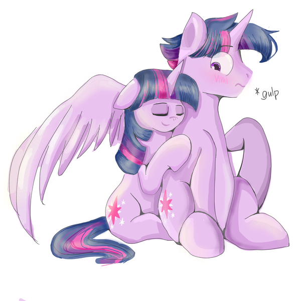 Size: 1581x1613 | Tagged: safe, artist:wimple, derpibooru import, twilight sparkle, twilight sparkle (alicorn), alicorn, pony, unicorn, blushing, cute, dusk shine, duskabetes, dusktwi, eyes closed, female, male, mare, rule 63, rule63betes, self ponidox, selfcest, shipping, simple background, sitting, smiling, stallion, straight, unicorn twilight, wavy mouth, white background