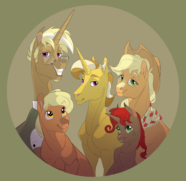 Size: 1359x1323 | Tagged: safe, artist:varwing, derpibooru import, applejack, trenderhoof, oc, oc:apple jam, oc:ida red, oc:pacifica rose, earth pony, pony, unicorn, female, filly, male, offspring, parent:applejack, parent:trenderhoof, parents:trenderjack, shipping, stallion, straight, trenderjack