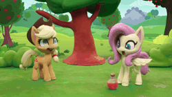 Size: 800x450 | Tagged: safe, derpibooru import, screencap, applejack, fluttershy, butterfly, earth pony, pegasus, pony, fluttershy's hiccups, my little pony: pony life, my little pony: stop motion short, animated, apple, apple tree, applejack's hat, cowboy hat, food, gif, growth spell, hat, hiccups, laughing, magic, outdoors, potion, stop motion, tree
