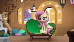 Size: 800x450 | Tagged: safe, derpibooru import, screencap, fluttershy, butterfly, pegasus, pony, fluttershy's hiccups, my little pony: pony life, my little pony: stop motion short, animated, bird feeder, blinking, cage, chair, eyes closed, fluttershy's cottage (interior), gif, happy, hiccups, looking at something, pillow, sad, solo, stop motion, window