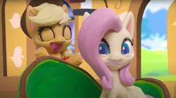 Size: 1680x938 | Tagged: safe, derpibooru import, screencap, applejack, fluttershy, earth pony, pegasus, pony, fluttershy's hiccups, my little pony: pony life, my little pony: stop motion short, fluttershy's cottage (interior), stop motion