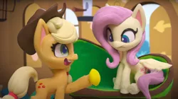 Size: 1672x934 | Tagged: safe, derpibooru import, screencap, applejack, fluttershy, earth pony, pegasus, pony, fluttershy's hiccups, my little pony: pony life, my little pony: stop motion short, fluttershy's cottage (interior), food, fruit heresy, lemon, stop motion