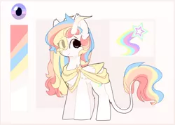 Size: 1676x1192 | Tagged: safe, artist:little-sketches, derpibooru import, oc, oc:rainbow dreams, pegasus, pony, color palette, colored horn, cutie mark, ear fluff, eye clipping through hair, female, hair over one eye, horn, leonine tail, reference sheet, ribbon, two toned wings, wings