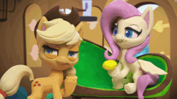 Size: 800x450 | Tagged: safe, derpibooru import, screencap, applejack, fluttershy, earth pony, pegasus, pony, fluttershy's hiccups, my little pony: pony life, my little pony: stop motion short, animated, applejack's hat, bird feeder, boo, cage, chair, clenched teeth, cowboy hat, creepy, creepy smile, fluttershy's cottage (interior), food, fruit, hat, hiding, jump scare, lemon, looking around, plotting, scare, scared, smiling, sneaky, stairs, window, wings