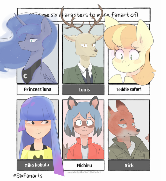 Size: 1466x1600 | Tagged: safe, artist:c0pter, derpibooru import, princess luna, teddie safari, alicorn, anthro, earth pony, fox, human, pony, tanooki, six fanarts, anthro with ponies, beastars, bna: brand new animal, bust, clothes, crossover, ethereal mane, female, louis (beastars), mare, michiru (bna), necktie, nick wilde, peytral, starry mane, zootopia