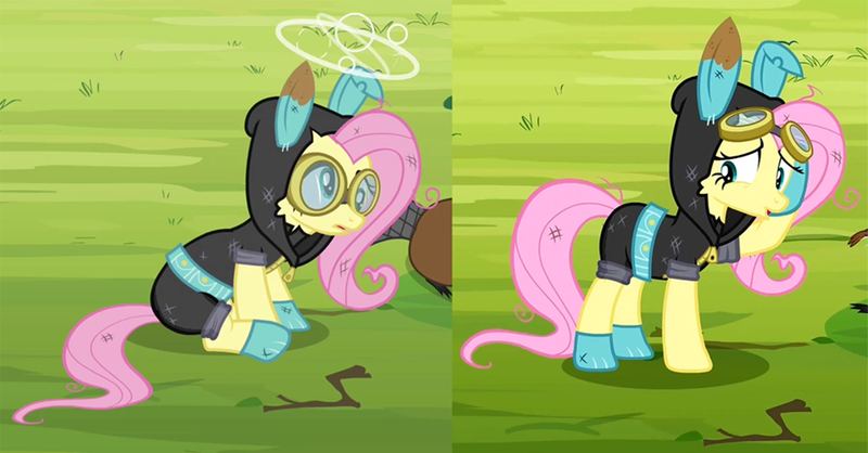 Size: 960x501 | Tagged: accident, artist:thedarkpony, beaver, bunny ears, clothes, costume, cropped, dangerous mission outfit, derp, derpibooru import, edit, edited screencap, female, fetish, fluttershy, flutterspy, goggles, hoodie, magic duel, mare, mud, pee edit, pissing, questionable, screencap, shorts, sitting, solo, solo female, urine, watersports, wetting