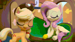 Size: 800x450 | Tagged: safe, derpibooru import, edit, edited screencap, screencap, applejack, fluttershy, earth pony, pegasus, pony, fluttershy's hiccups, my little pony: pony life, my little pony: stop motion short, animated, applejack's hat, bird feeder, boo, cage, chair, clenched teeth, combustible lemon, cowboy hat, dying for pie, explosion, fluttershy's cottage (interior), food, fruit, hat, lemon, looking around, mushroom cloud, plotting, scare, scared, smiling, sneaky, spongebob squarepants, stairs, window, wings