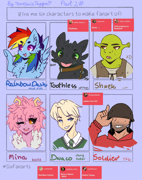 Size: 1971x2500 | Tagged: safe, artist:tenebristayga, derpibooru import, rainbow dash, dragon, human, ogre, pegasus, pony, six fanarts, :d, :o, :p, bust, chest fluff, clothes, crossover, draco malfoy, ear fluff, female, harry potter, helmet, how to train your dragon, male, mare, necktie, one eye closed, open mouth, raised hoof, shrek, soldier, team fortress 2, tongue out, toothless the dragon, underhoof, wink