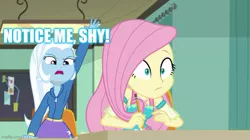 Size: 739x415 | Tagged: safe, derpibooru import, edit, edited screencap, screencap, fluttershy, trixie, a little birdie told me, equestria girls, equestria girls series, caption, female, image macro, lesbian, meme, shipping, text, trixie yells at everything, trixieshy