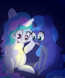 Size: 2480x2962 | Tagged: safe, artist:angelinarichter, derpibooru import, princess celestia, princess luna, alicorn, pony, cewestia, chest fluff, cute, duo, female, filly, glowing horn, high res, horn, looking at something, magic, open mouth, royal sisters, siblings, sisters, sitting, sun, tongue out, woona, younger