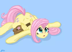 Size: 2338x1700 | Tagged: safe, artist:lennondash, derpibooru import, fluttershy, pegasus, pony, putting your hoof down, bag, blue background, blushing, both cutie marks, cute, dimples of venus, doormat, female, fluttershy day, folded wings, looking up, lying down, mare, open mouth, prone, saddle bag, scene interpretation, shyabetes, simple background, solo, sprawl, spread hooves, spread legs, spreading, three quarter view, wings