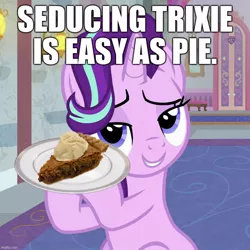 Size: 860x860 | Tagged: safe, artist:burgeroise, derpibooru import, edit, edited edit, edited screencap, editor:useraccount, screencap, starlight glimmer, trixie, pony, unicorn, a horse shoe-in, bedroom eyes, cropped, easy as pie, female, food, implied lesbian, implied shipping, implied startrix, lesbian, lidded eyes, photo, pie, plate, seduction, shipping, startrix