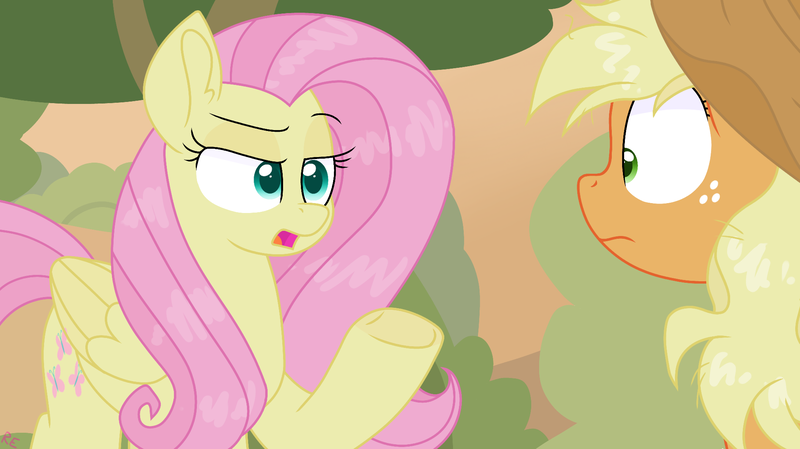 Size: 2015x1132 | Tagged: safe, artist:rainbow eevee, derpibooru import, applejack, fluttershy, earth pony, pegasus, pony, sounds of silence, applejack's hat, cowboy hat, cute, duo, eyebrows, eyelashes, female, fluttershy is not amused, folded wings, freckles, hat, lidded eyes, looking at each other, messy mane, open mouth, scene interpretation, shrunken pupils, unamused, underhoof, wide eyes, wings