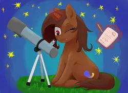 Size: 3681x2665 | Tagged: safe, artist:super-mpm, derpibooru import, oc, oc:cygny, unofficial characters only, pony, unicorn, astronomy, blue background, brown coat, brown mane, brown pony, cute, equation, eyelashes, female, grass, gravity equation, night, night sky, notepad, notes, one eye closed, science, simple background, sitting, sky, solo, starry night, study, studying, telescope, tongue out