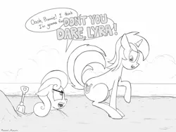 Size: 1280x960 | Tagged: safe, artist:manual-monaro, derpibooru import, bon bon, lyra heartstrings, sweetie drops, earth pony, pony, unicorn, beach, bon bon is not amused, buried in sand, female, implied farting, mare, monochrome, raised tail, tail, unamused